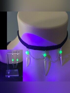 Handmade choker necklace with matching earrings featuring glowing uranium glass